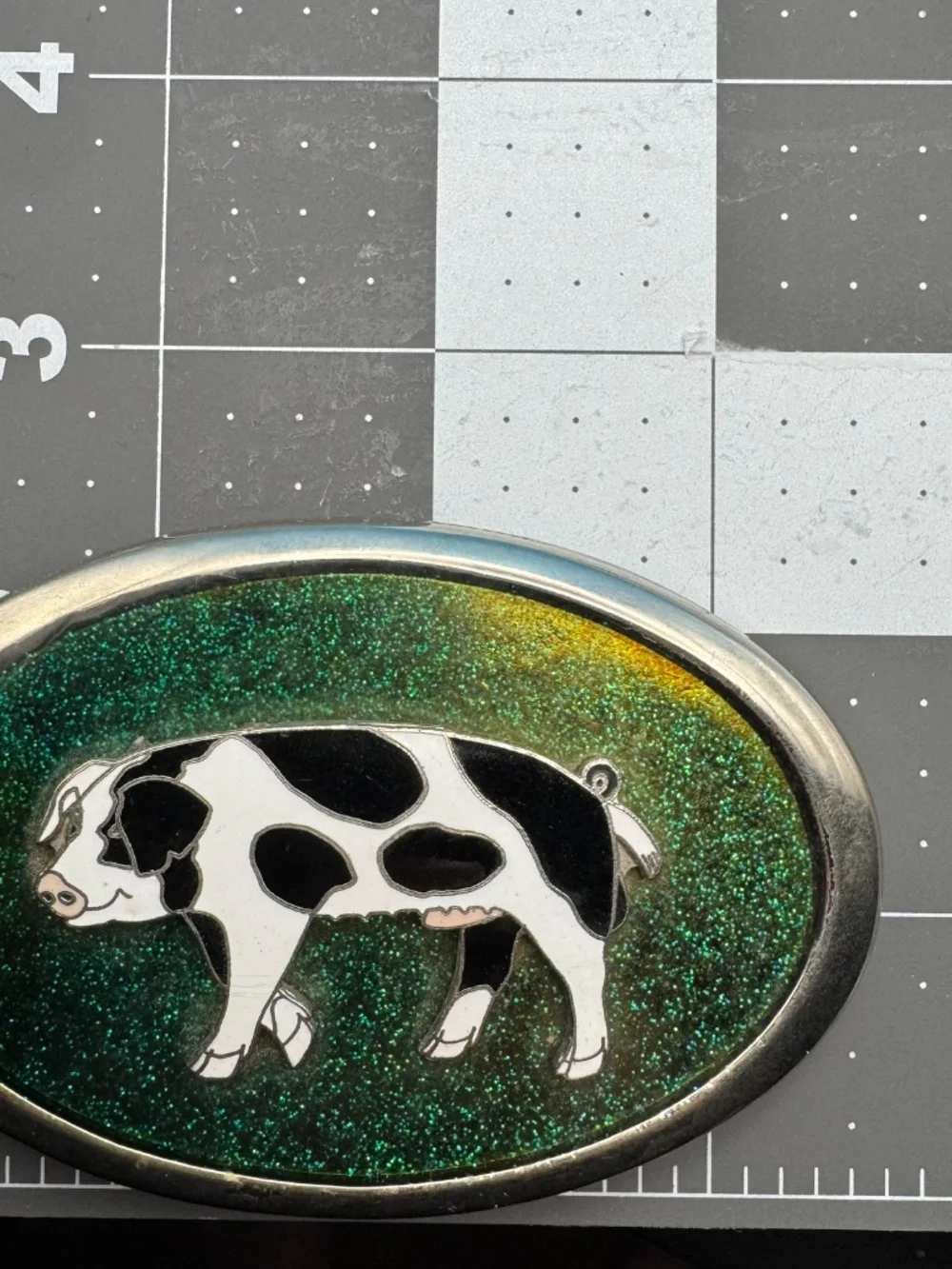 Vintage MCBI Spotted Pig Green Sparkly Enamel Inlay Silver Tone Belt Buckle